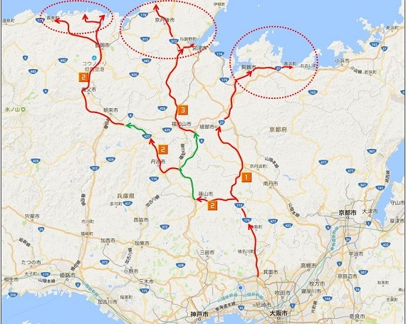 大阪方面から日本海方面に向かう一般道（国道173号線経由）ルート